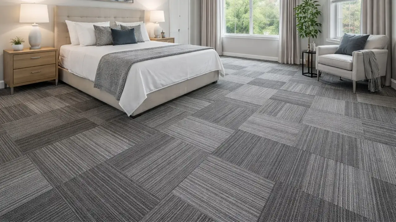 Modern bedroom featuring stylish carpet tiles in Geelong with patterned grey tile layout, clean installation, and a contemporary finish.