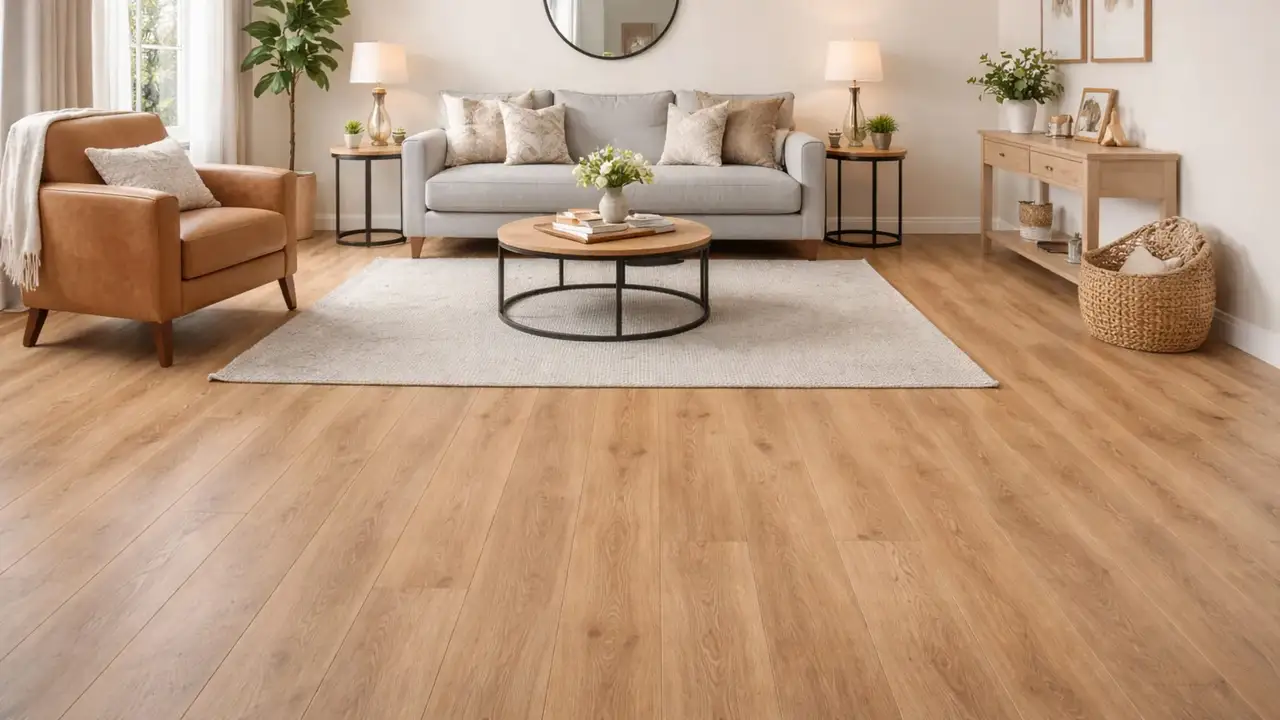 Bright living room featuring laminate flooring with a natural wood finish, clean plank lines, and a modern, well-balanced interior design.