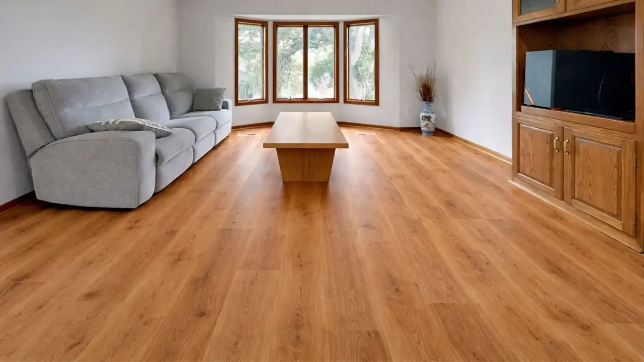 Spacious living room showcasing premium timber flooring in Geelong with natural wood grain, seamless installation, and a warm, inviting interior finish.