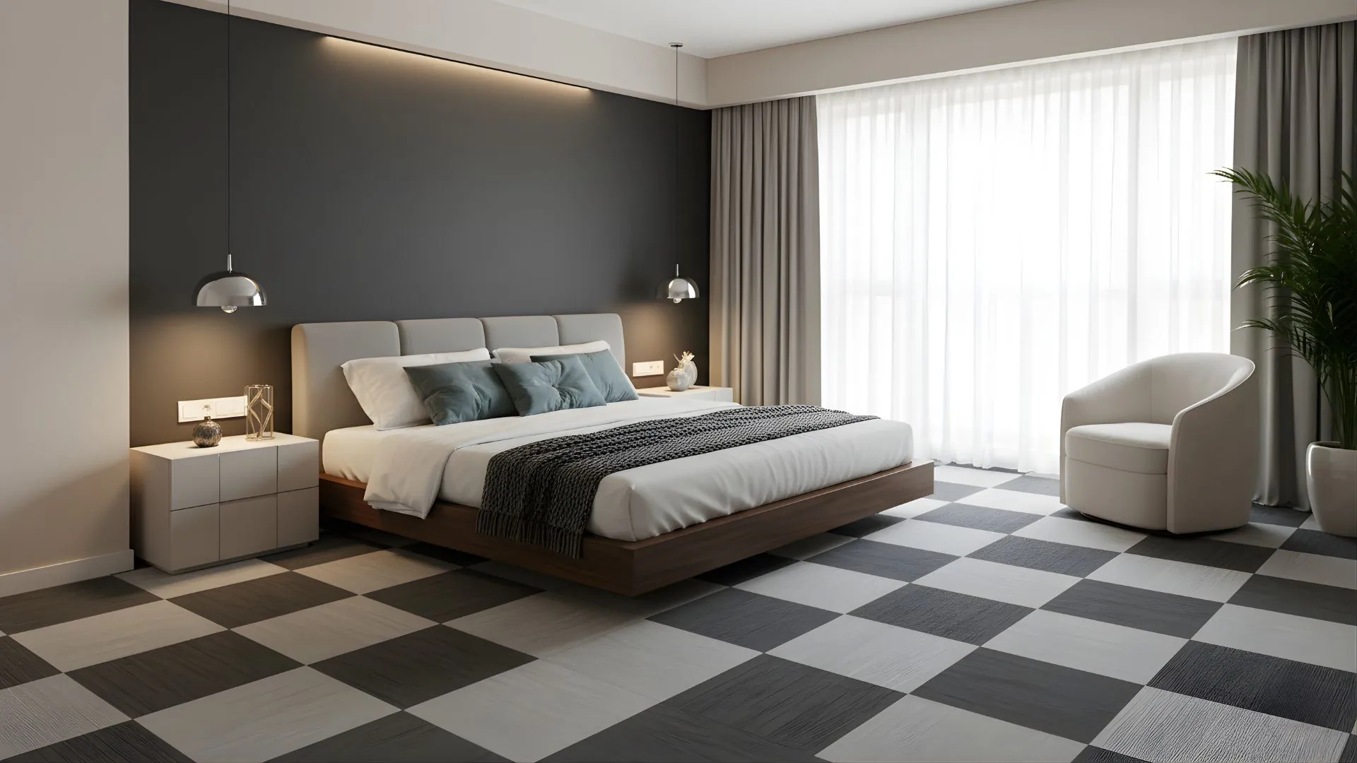 Modern bedroom featuring stylish black and grey carpet tiles in Adelaide, showcasing a clean modular carpet tile design.