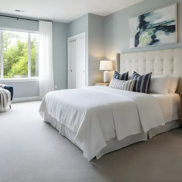 A bedroom in a home in Adelaide with carpet flooring installed by Jim's Flooring.