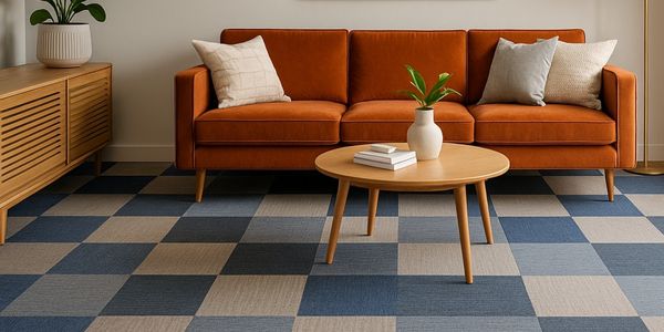 Contemporary Melbourne living room with grey and blue carpet tiles, beige sofa, and modern coffee table.