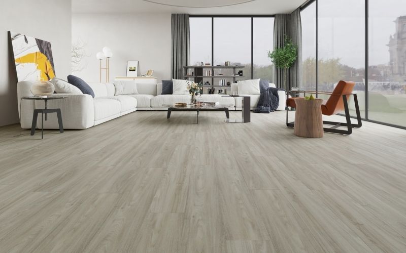 Modern Melbourne living room with light oak hybrid flooring- waterproof, durable, and stylish floorboards for family homes.