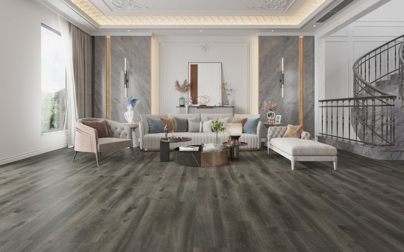 Luxurious living room with dark hybrid flooring, modern furniture and elegant interior design in Perth