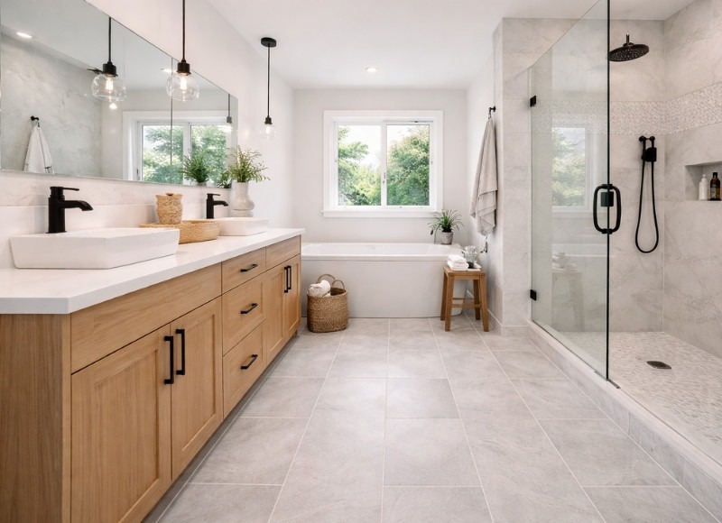 Modern bathroom with vinyl tile flooring installation, featuring a waterproof vinyl floor, glass shower enclosure, freestanding bathtub, and contemporary vanity with clean finishes.