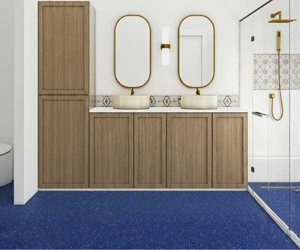 Modern bathroom interior featuring blue vinyl flooring in Brisbane, with timber vanity cabinetry, dual basins, glass shower enclosure, and durable waterproof vinyl flooring installed.