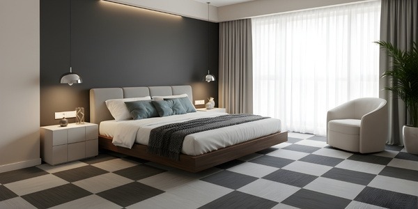 Contemporary bedroom with professionally installed carpet tiles in a grey checkerboard pattern, creating a modern and structured floor design.