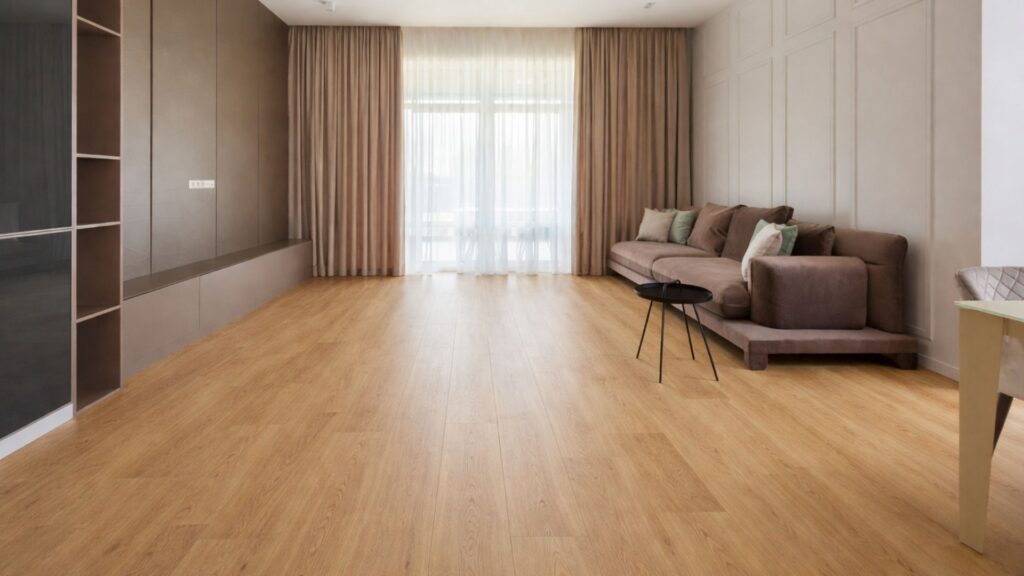 Modern living room with light oak flooring showcasing professional flooring installation in Canberra, featuring a seamless and natural wood-look finish.