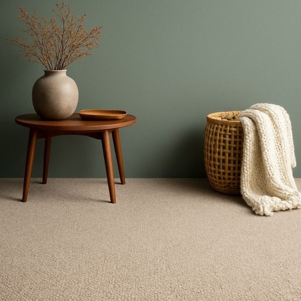 Professional carpet installation featuring textured beige loop carpet in a modern room with sage green walls, a wooden side table, and a woven basket.