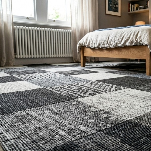 Modern bedroom featuring a checkered carpet tiles installation in Canberra textured shades of grey, charcoal, and cream.