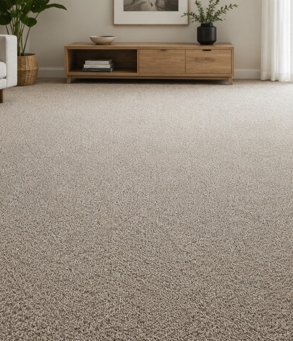Wool carpet flooring installed by Jim's Flooring in a living room with a wooden furniture and clean interior.